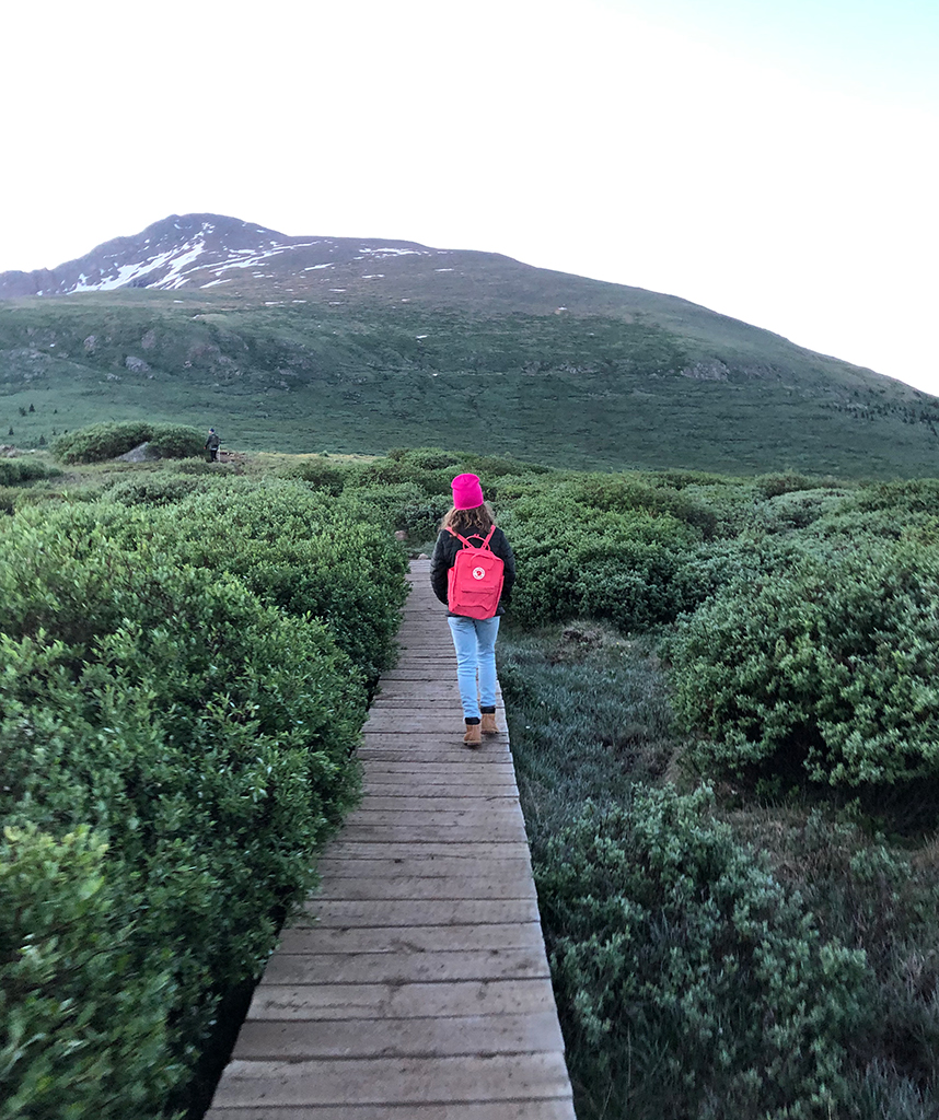 Girl hiking along wooden path toward mountain